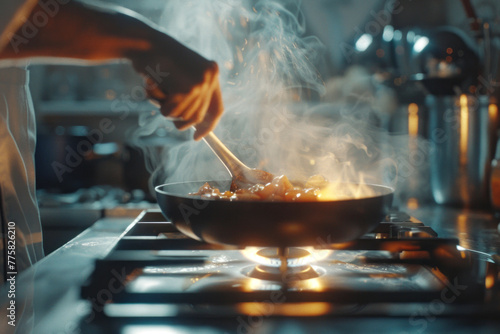 A cook frying something in a wok at a pan on a gas stove, close-up of a hand with smoke. copy space 