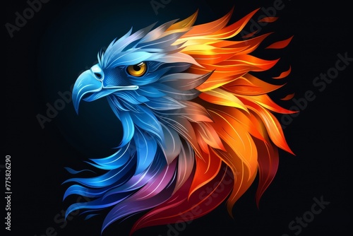 A colorful bird with a black background. A magical creature made of fire.
