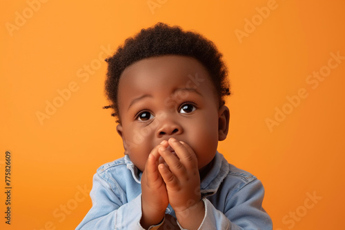 Scared African American baby boy and biting nails in studio with oops reaction on orange background.