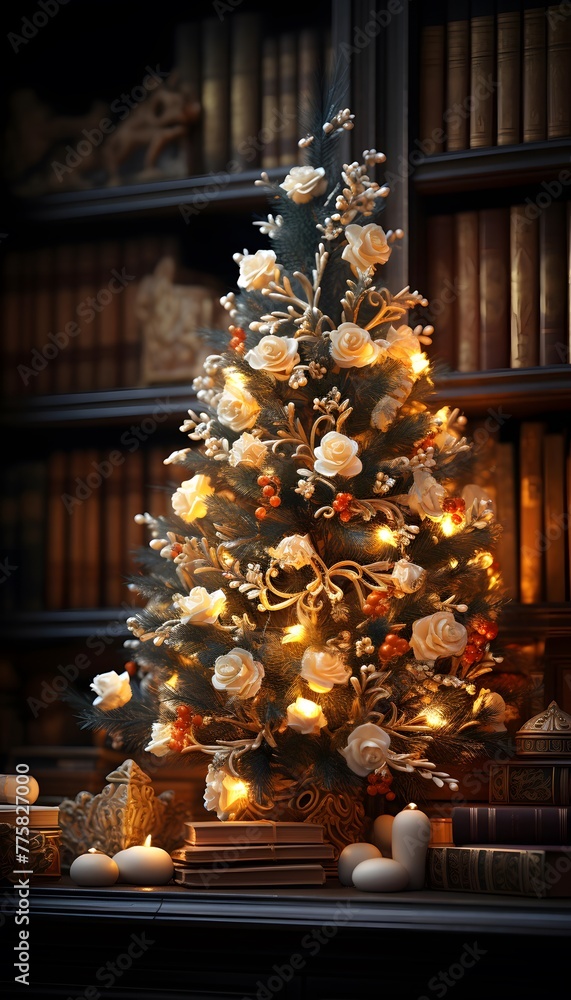 Christmas tree with candles and books in the background. 3d rendering