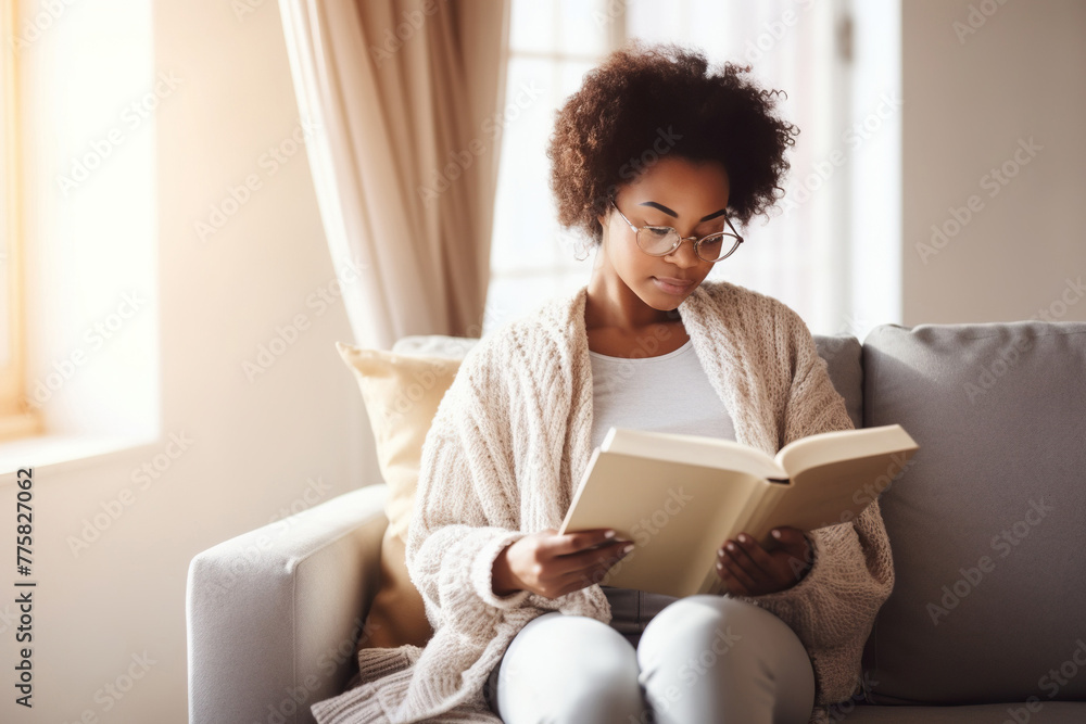 Pensive relaxed African American woman reading a book at home, drinking coffee sitting on the couch. Copy space Pensive relaxed African American woman reading a book at home, drinking coffee sitting on the couch. Copy space