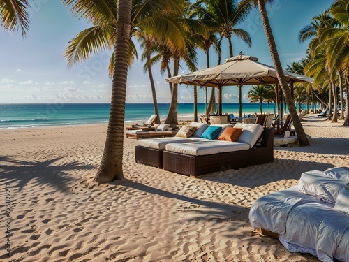beach tent by the ocean with hot sand among the palmtrees photo