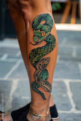 Woman with tattoos of snake on leg