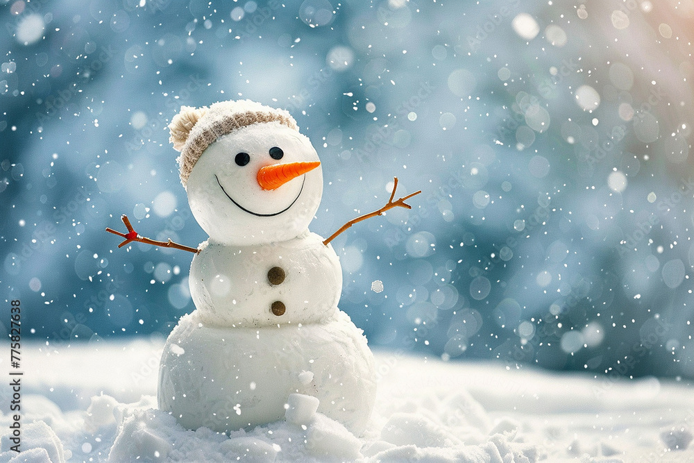 Smiling snowman with a carrot nose, standing tall in a snowy scene.
