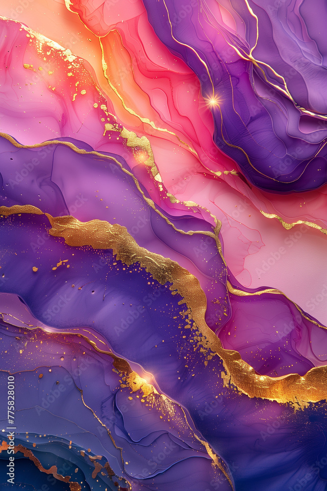 Beautiful abstract fluid murble art background texture. violet, pink, peach and gold mixed texture and colors