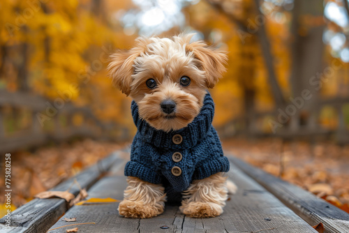 Portrait of dog Maltipoo wearing a knited sweater and playing with a pile of leaves in autumn park