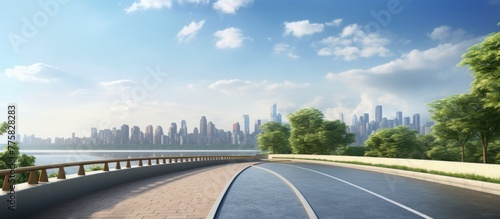 Side view of asphalt road highway with lake garden and modern city skyline