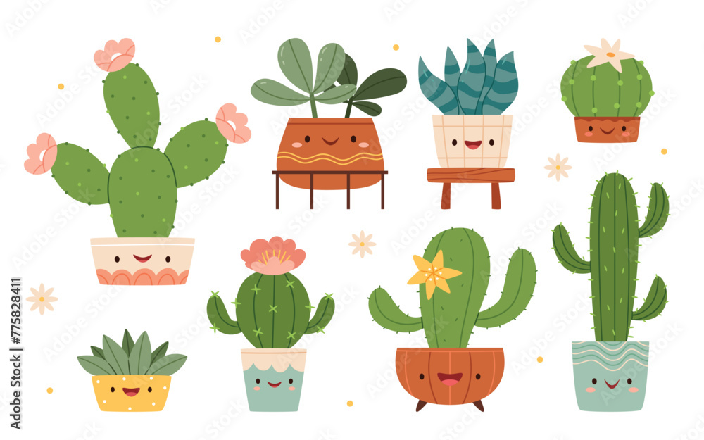 Set of cute cartoon cactus and succulents with funny faces in pots and with plants Set of cute cartoon cactus and succulents with funny faces in pots and with plants
