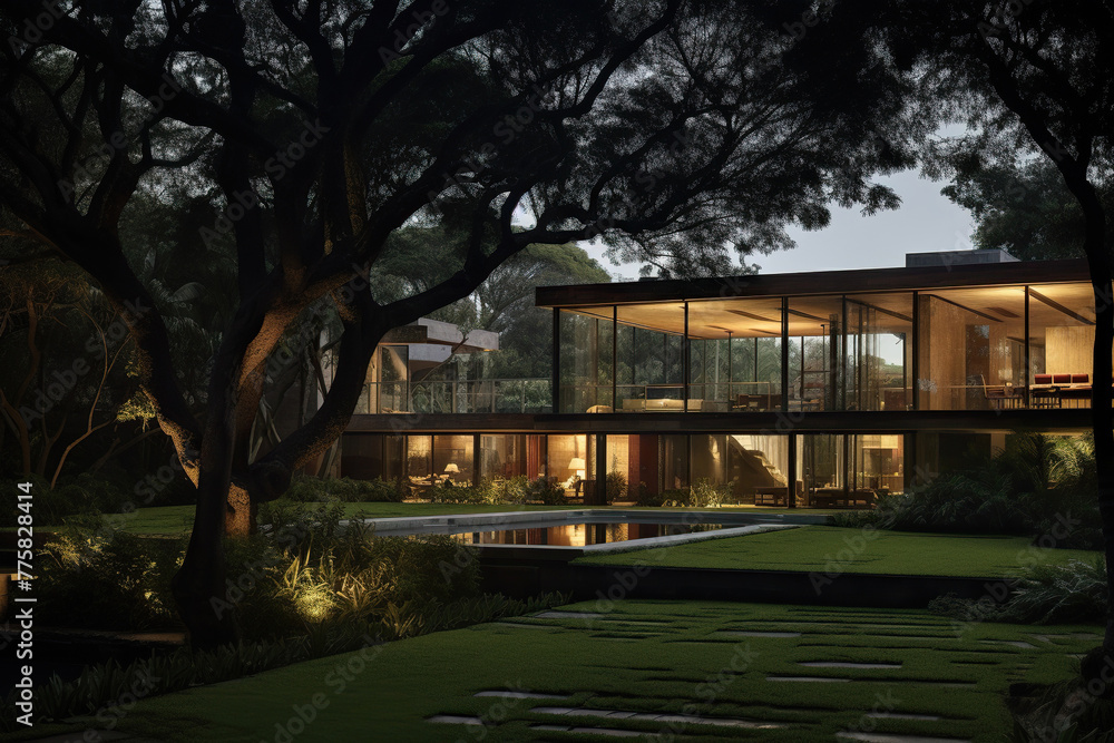 Obraz premium Night architecture outdoors dusk building exterior tree grass