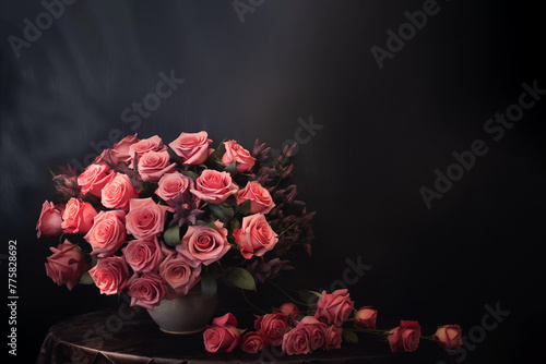 bouquet de roses roses dont une partie des fleurs est tombée du vase. Peinture à l'huile romantique avec espace texte sur fond gris foncé avec espace négatif copyspace photo