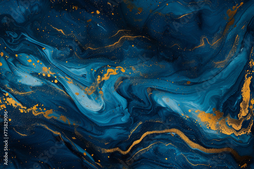 Hand painted background with mixed liquid blue and golden 