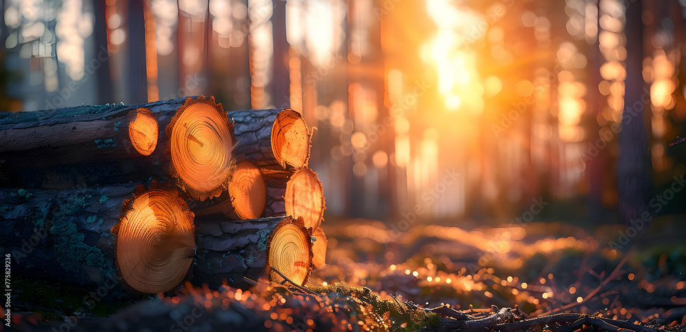 Naklejka premium Logs Against Forest Background. Deforestation Problem