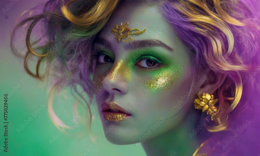 Abstract portrait of a woman in purple green tones with gold sparkle make up, purple hairs. The intricate patterns evoke a sense of depth and movement