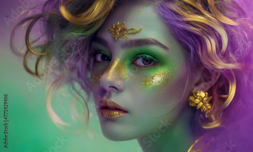 Abstract portrait of a woman in purple green tones with gold sparkle make up  purple hairs. The intricate patterns evoke a sense of depth and movement