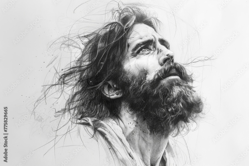 Fototapeta premium Poignant black and white pencil illustration of Jesus Christ with a crown of thorns looking skyward.