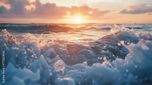 Ocean surf with warm evening light. Ocean waves and sea foam,Ocean Wave Crashing at Sunrise, colorful beautiful blue waves with sunlight, closeup sunset sea water background beautiful nature 