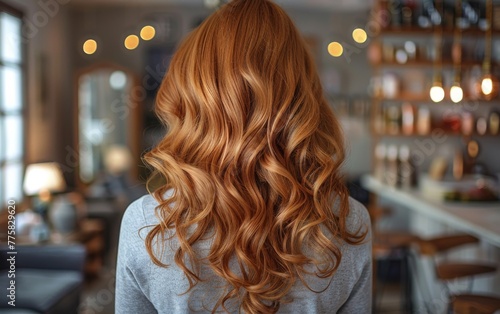 A woman with long red hair is sitting in a salon. The salon has a variety of bottles and vases on shelves