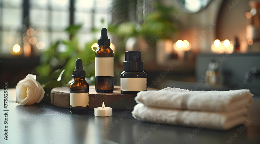 Fototapeta premium Essential Oil Bottles with Mockup Labels on Relaxing Background