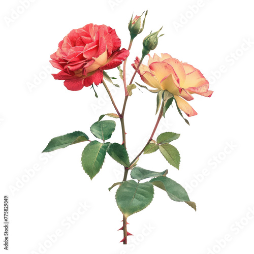 Two roses on stem with leaves
