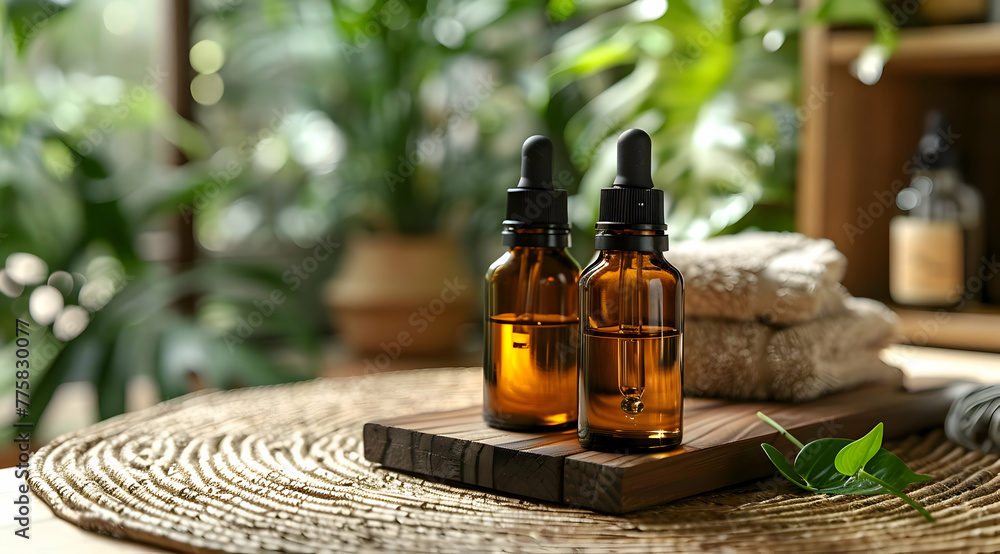 Dark Glass Essential Oil Bottles with Droppers on Relaxing Background Dark Glass Essential Oil Bottles with Droppers on Relaxing Background