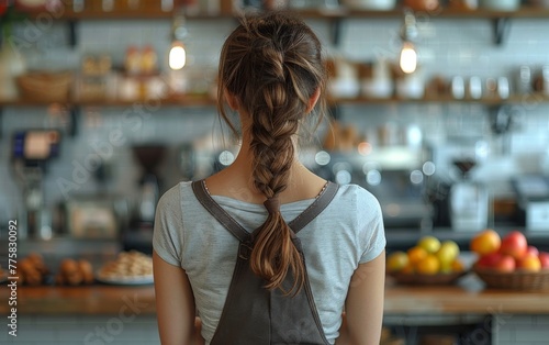 A woman with long hair is standing in front of a counter with a basket of fruit. She is wearing a grey shirt and a brown apron