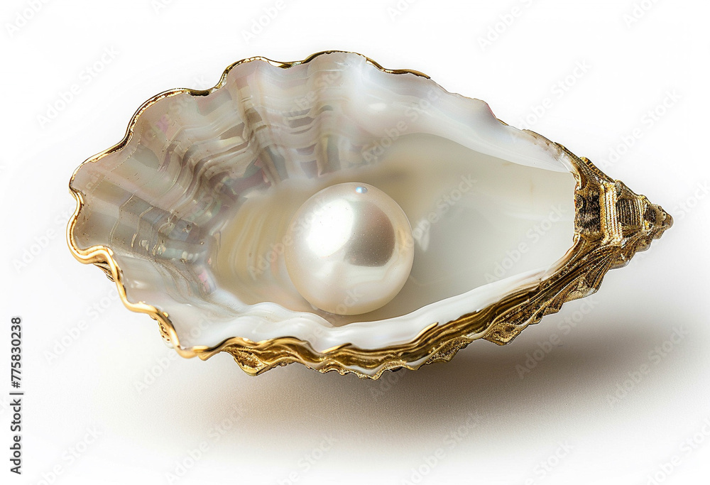 Pearl Inside an Oyster Shell on White Background Pearl Inside an Oyster Shell on White Background