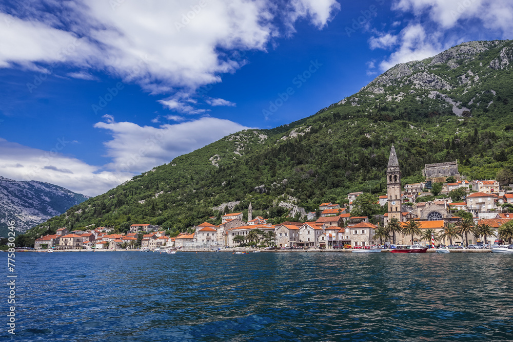 Aerial view from Bay of Kotor on Perast town, Montenegro