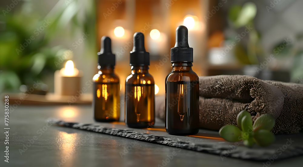 Dark Glass Essential Oil Bottles with Droppers on Relaxing Background Dark Glass Essential Oil Bottles with Droppers on Relaxing Background