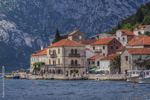 Coastal buildings in Perast old town, Bay of Kotor, Montenegro