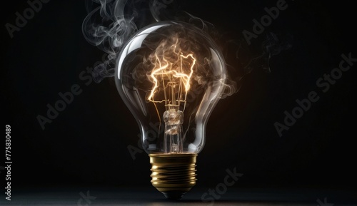Lightning bulb in smoke on black background