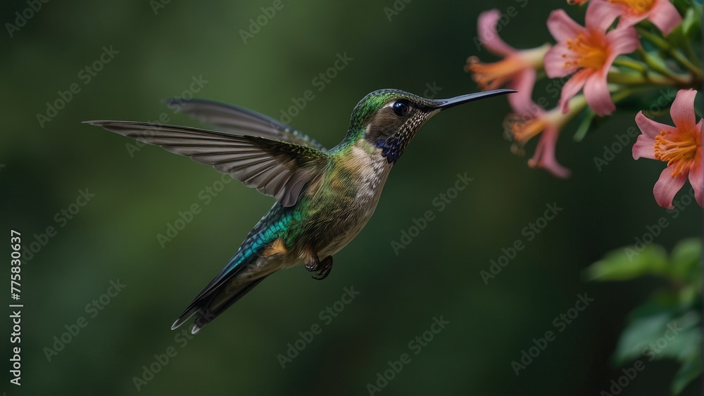 Fototapeta premium Aglaiocercus Kingi Hummingbird Vibrant Flight amidst Colombian Tropical Flora