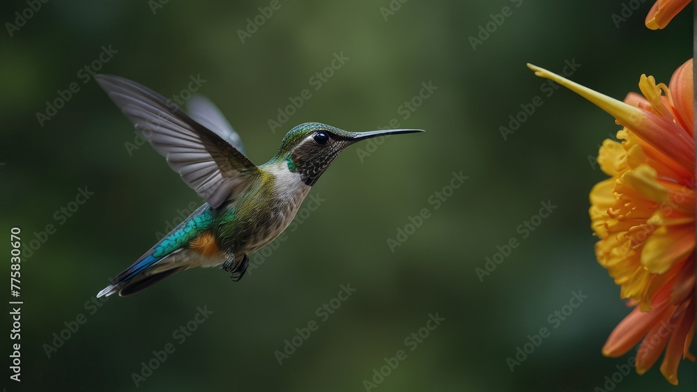 Fototapeta premium Aglaiocercus Kingi Hummingbird Vibrant Flight amidst Colombian Tropical Flora