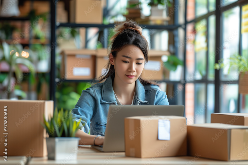 Woman entrepreneur working on laptop checking ecommerce orders. Online shopping and selling concept Woman entrepreneur working on laptop checking ecommerce orders. Online shopping and selling concept
