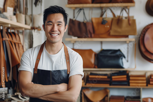 Smiling young Asian man standing in his leather store. Entrepreneur, business owner and SME concept photo