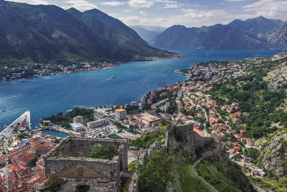 Historic Old Town city walls around St John Fortress in Kotor town, Montenegro