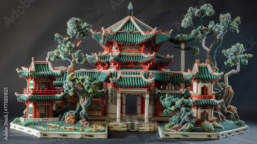 A model of an ancient Chinese temple. Paper model of an oriental house