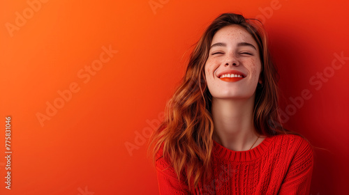 Smiling woman with positive charisma in front of a simple red background