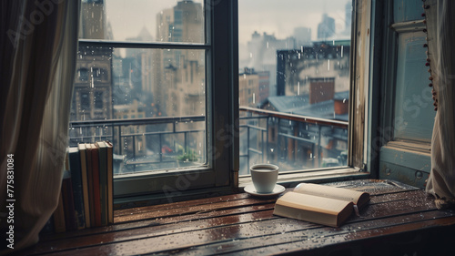 Window sill view with book and cup of coffee on rainy day. Coffee and a book by the old window