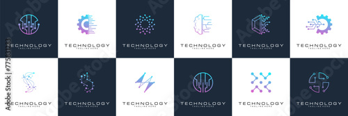 collection technology dot logo design. symbol tech, internet, system, Artificial Intelligence and computer. inspiration logo design modern	
