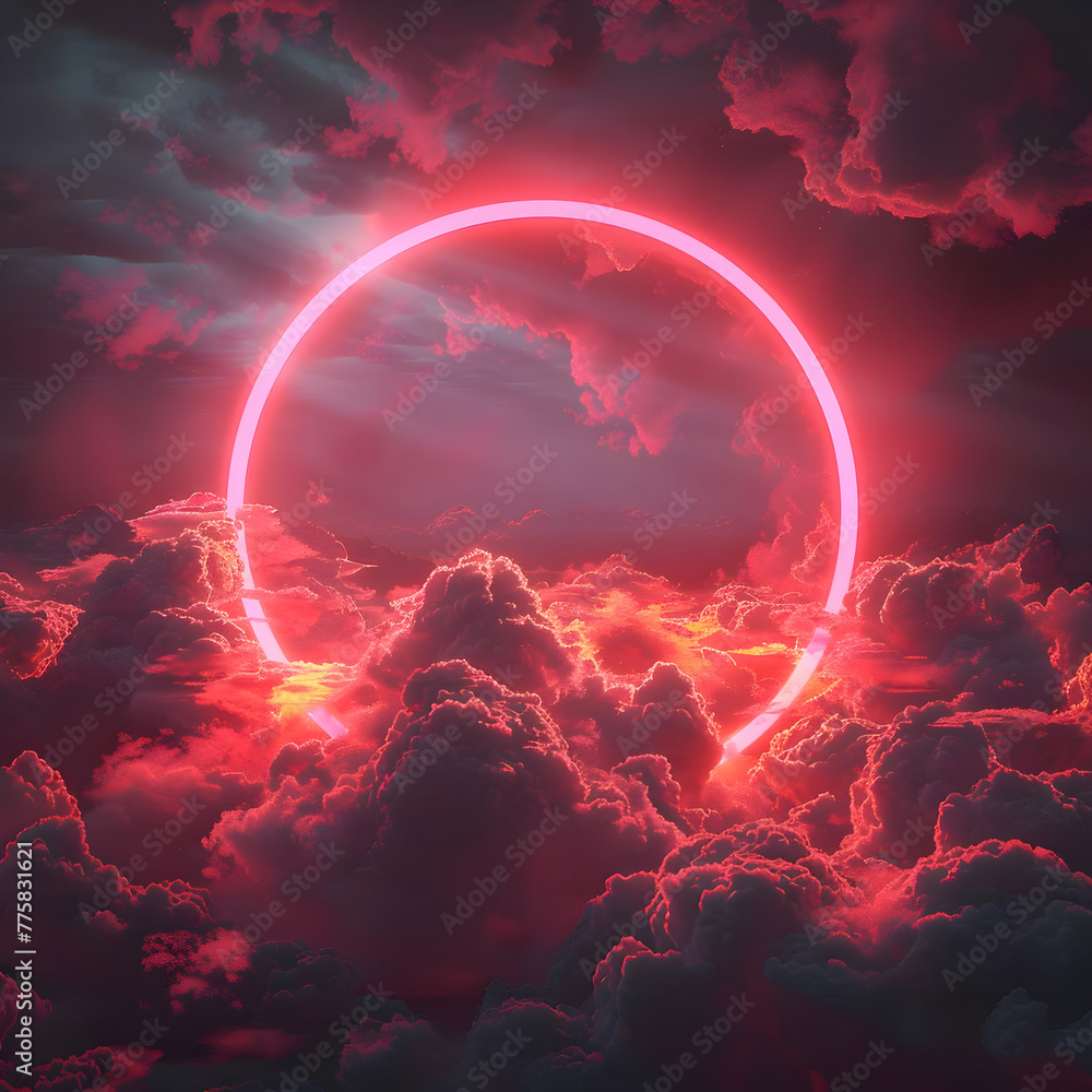 Cloudscape. A pink and red glowing circle in the sky surrounded by clouds. Holography circle in clouds background. High quality