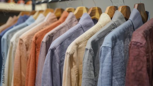 A palette of shirts in the wardrobe. Cotton shirts in calm colors