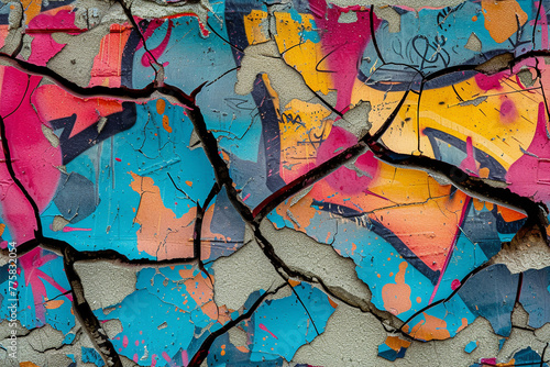 Colorful graffiti over a cracked surface 