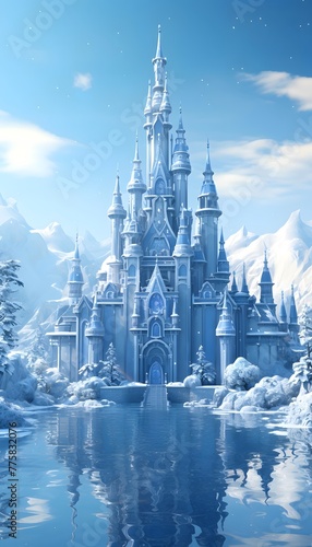 Magic Fairy Tale Princess Castle in Winter Landscape. Magical Magical Fairy Tale Princess Castle. 3D Rendering
