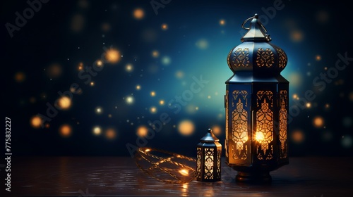 Radiant arabic lantern illuminating night: perfect ramadan kareem image for festive cards or invitations, capturing the spirit of celebration

