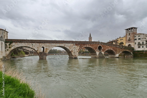 Historic "Ponte pietra" on River Adige in Verona, Veneto, Italy