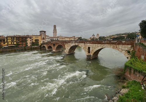 Historic "Ponte pietra" on River Adige in Verona, Veneto, Italy © Luca