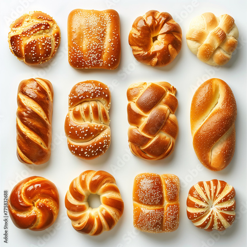 Variety of pastries and breads arranged on a white background