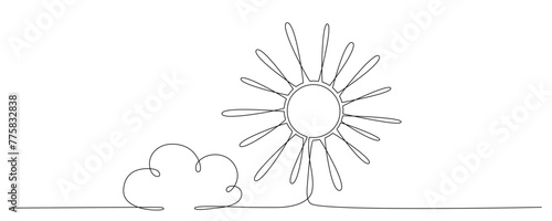Sun and cloud - hand drawing one single continuous line banner. Vector stock illustration isolated on white background for design template weather forecast, travel blog. Editable stroke. 