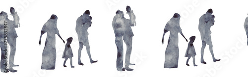 Watercolor border with silhouettes of people. Brush strokes in the form of blue silhouettes of people,Silhouette of family on white background.