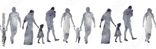 Watercolor border with silhouettes of people. Brush strokes in the form of blue silhouettes of people,Silhouette of family on white background.